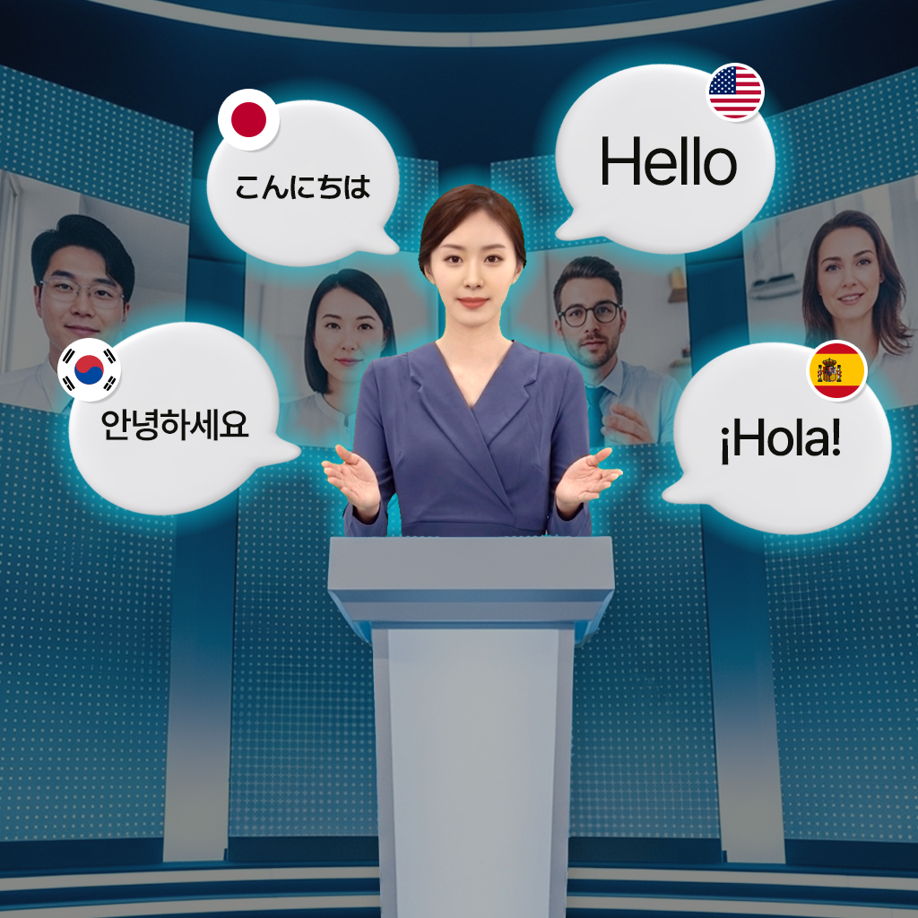 An AI MC speaking in 4 different languages at an event