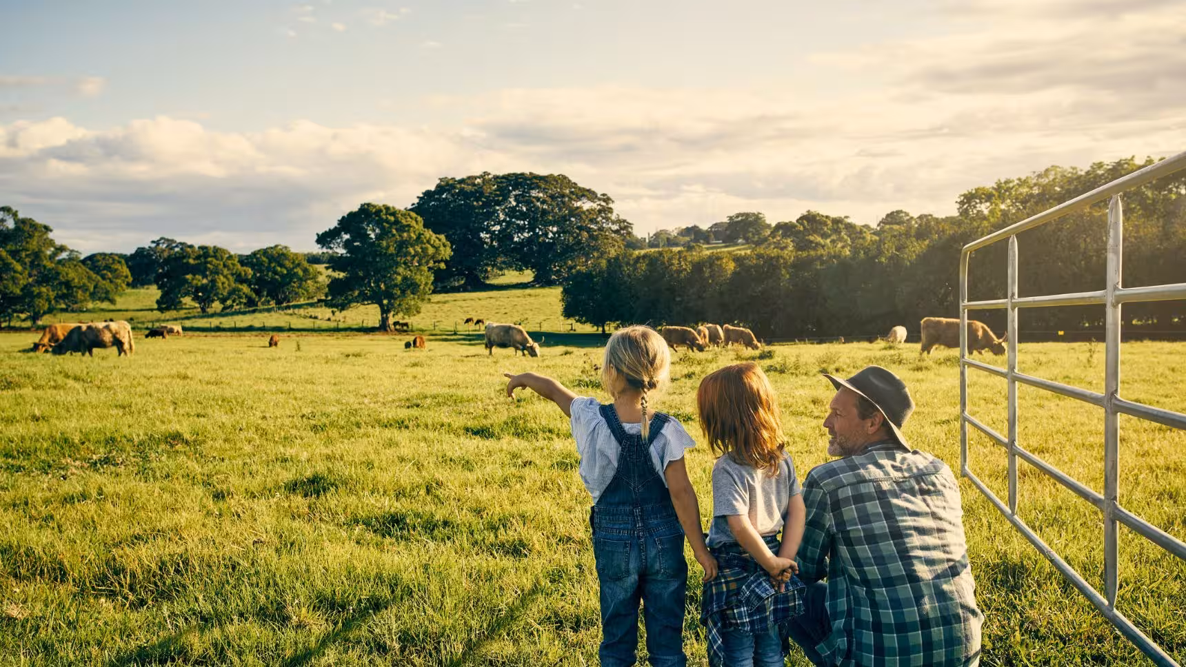 Man with two children looking at cows grazing in a green pasture under a partly cloudy sky.