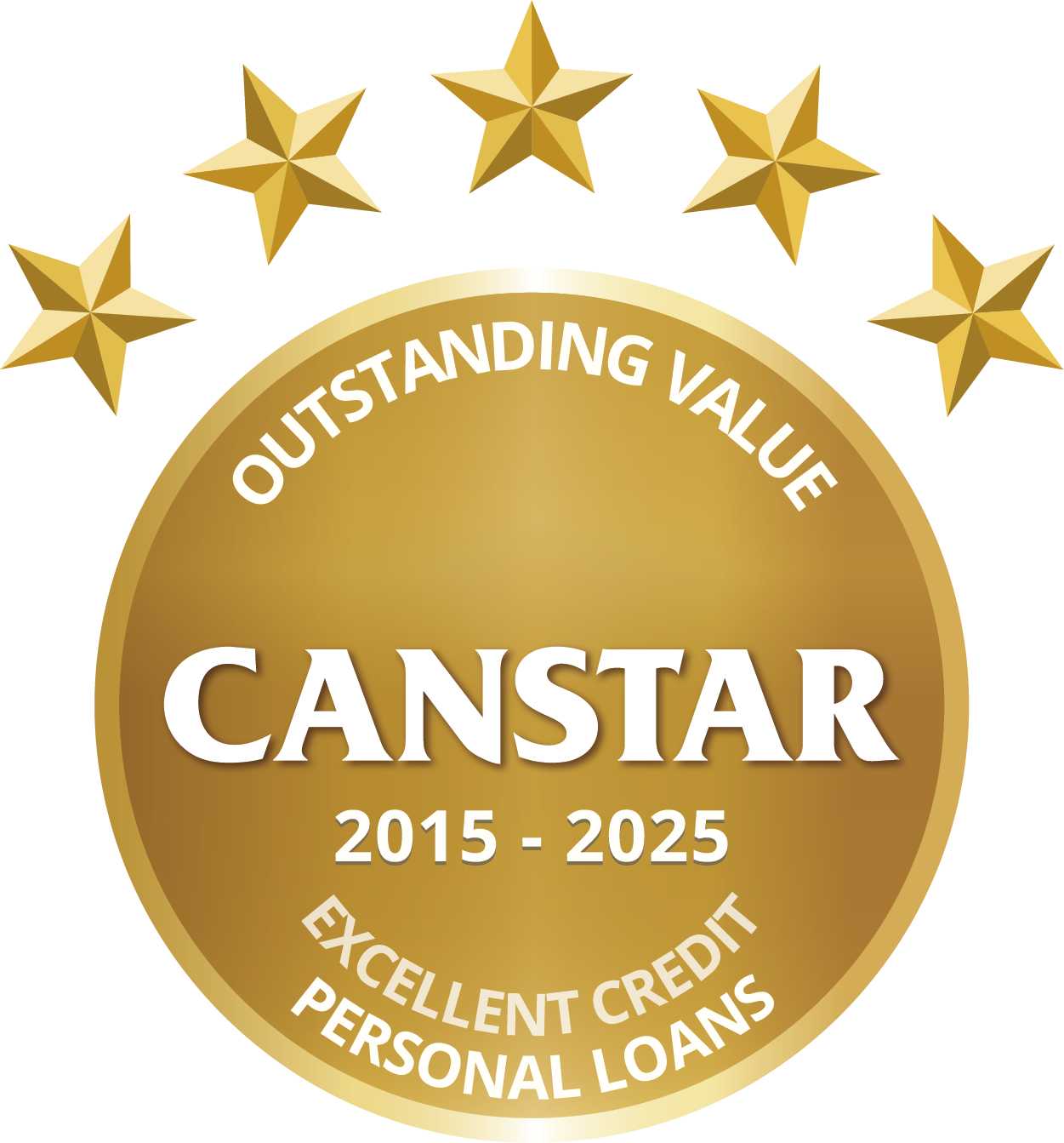 Gold medal with five gold stars and text reading Outstanding Value, CANSTAR 2015-2025, Excellent Credit Personal Loans.