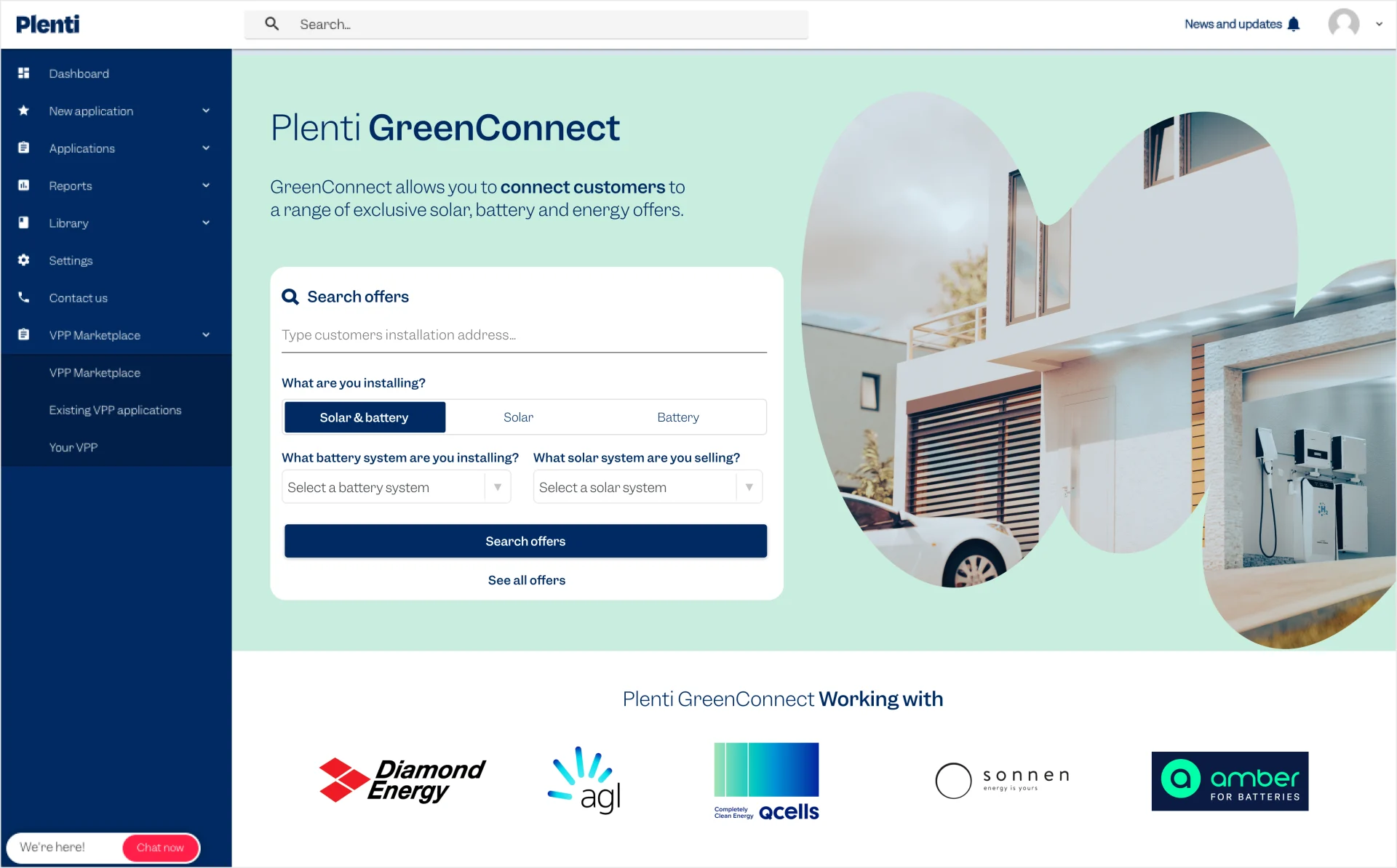 Plenti GreenConnect dashboard with solar and battery offer search and partner logos below.