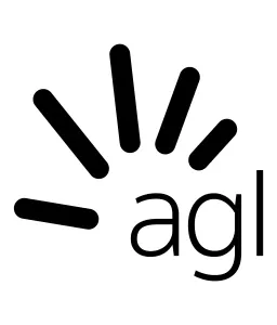 Black stylized sun rays above lowercase letters 'agl' on white background.