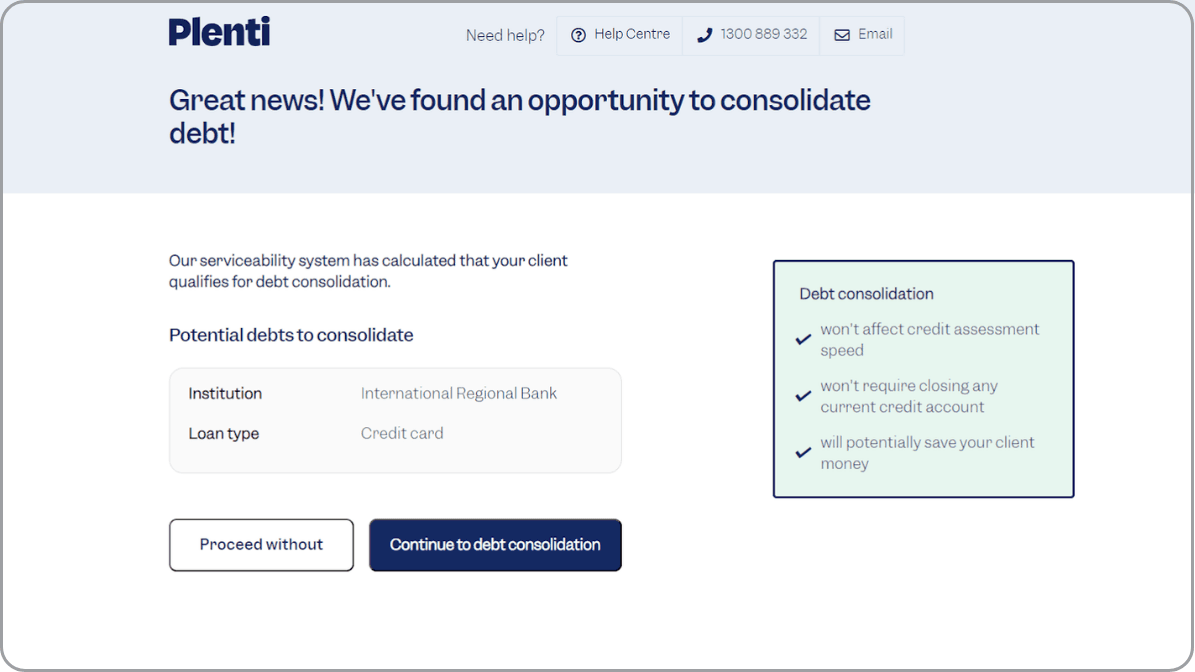Plenti broker portal screen showing a debt consolidation opportunity notification with potential debts to consolidate