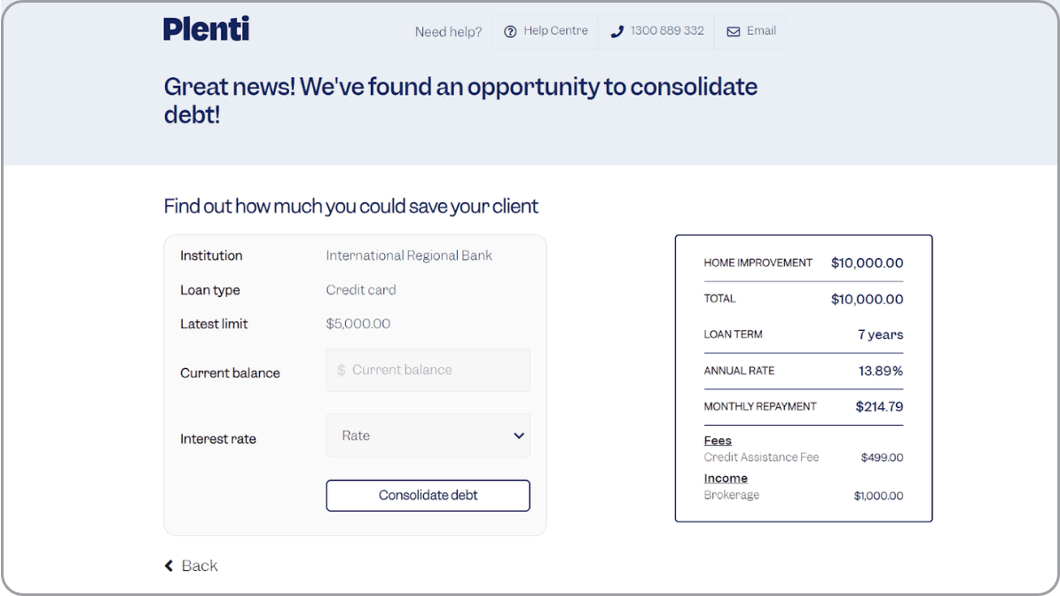 Plenti broker portal form for entering a client's existing loan details to calculate debt consolidation savings