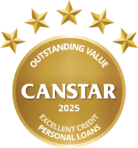 Gold CANSTAR 2025 Outstanding Value award badge for Excellent Credit Personal Loans with five stars above.
