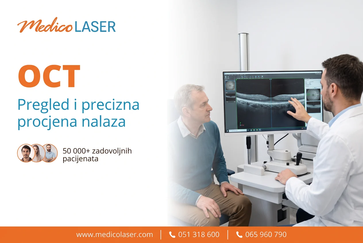 OCT snimanje mrežnjače - pacijent pred aparatom uz prikaz presjeka na monitoru