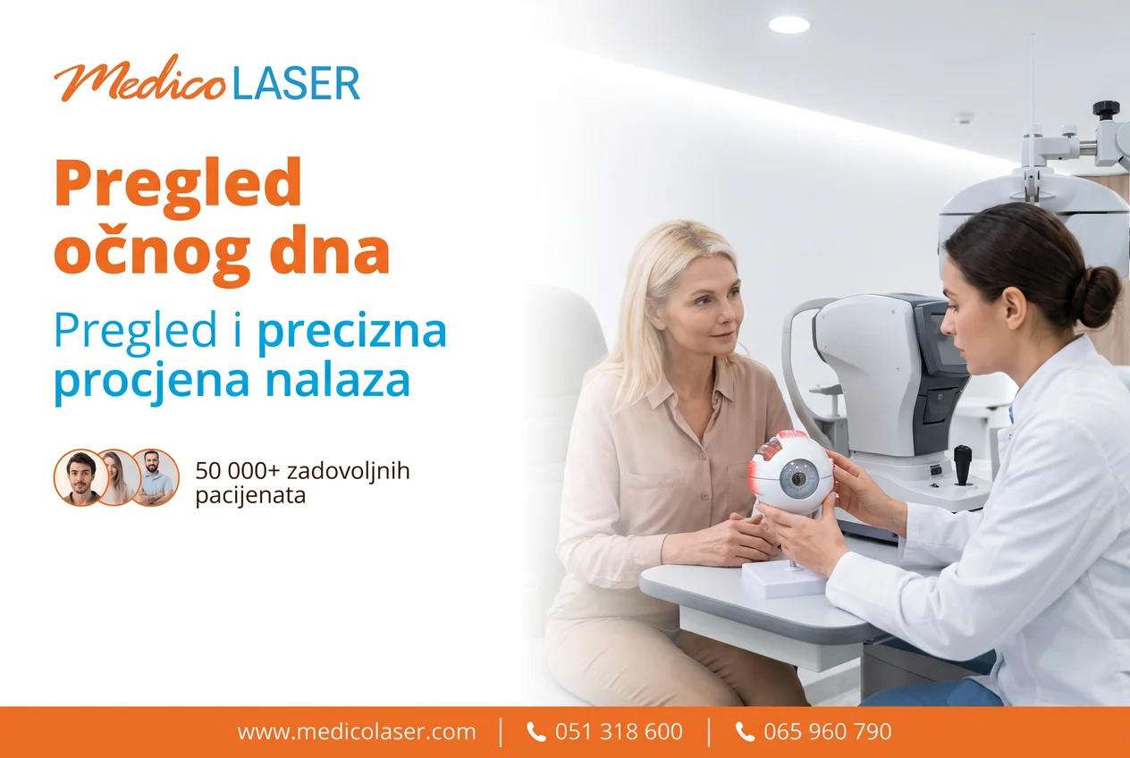 Oftalmolog pregleda očno dno pacijentkinje na biomikroskopu u Medico Laseru