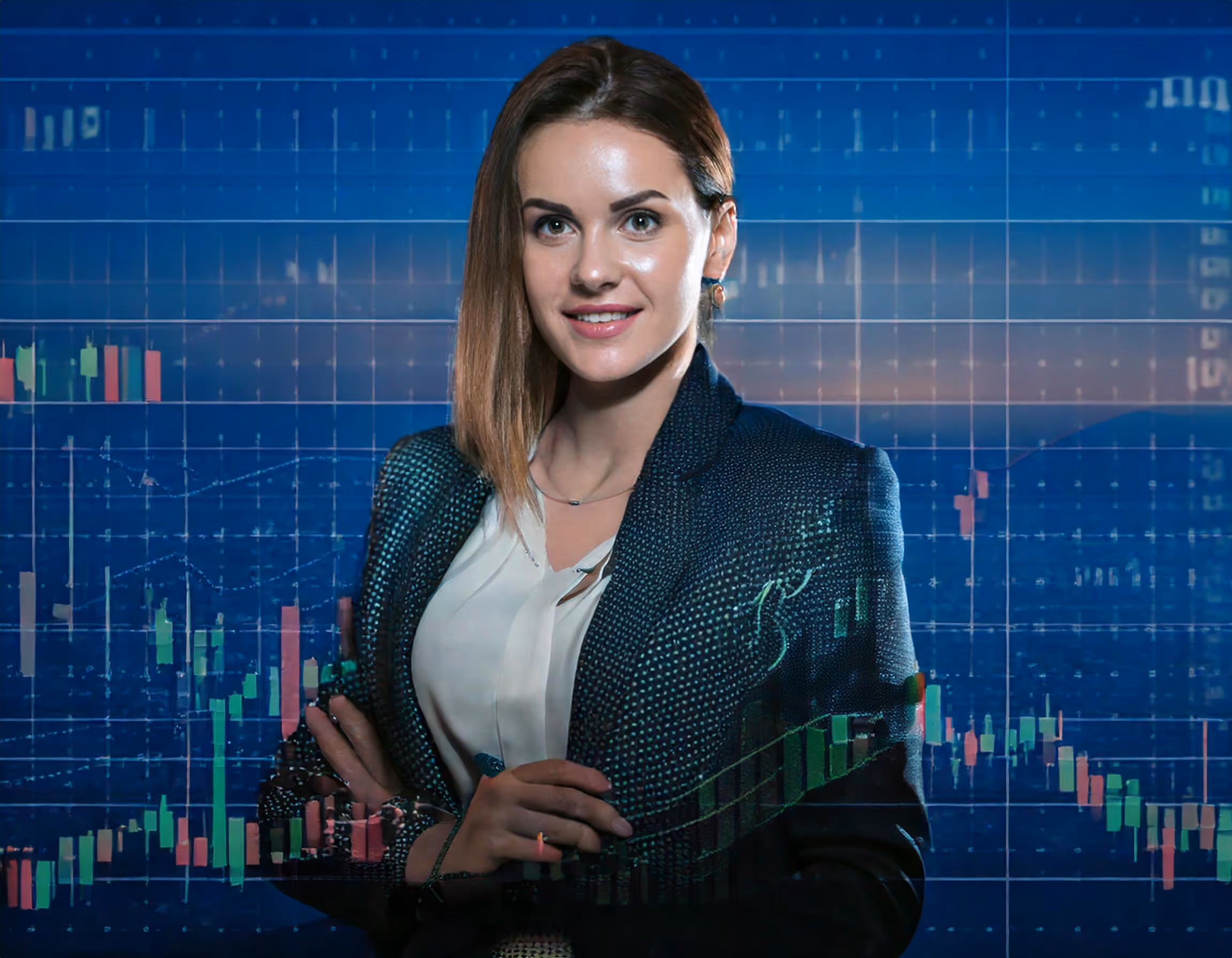 Professional trader confidently posing in front of dynamic trading charts, representing success and expertise in prop trading and financial markets.
