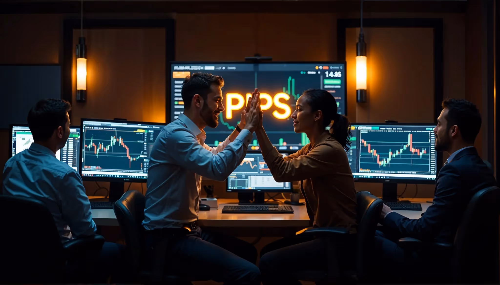 A team of traders celebrates success in a dynamic trading room with live charts, teamwork, and a glowing "PIPS" sign, highlighting energy and collaboration.