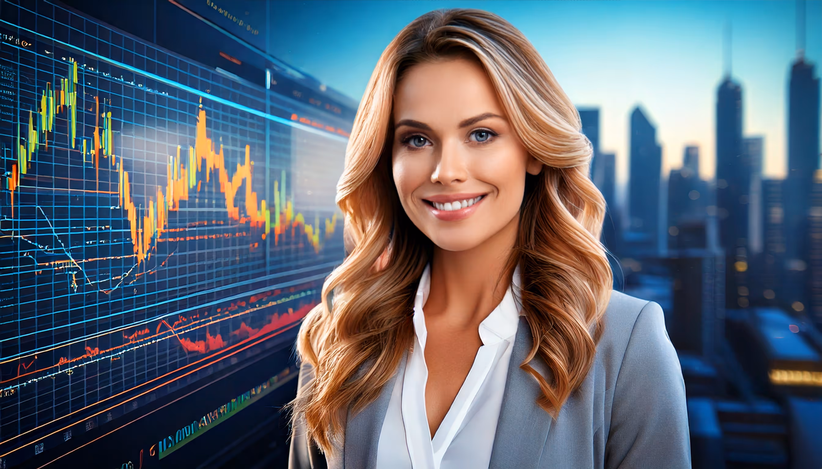 A confident businesswoman in a gray blazer smiling in front of a digital stock market chart, symbolizing success in trading and financial markets.