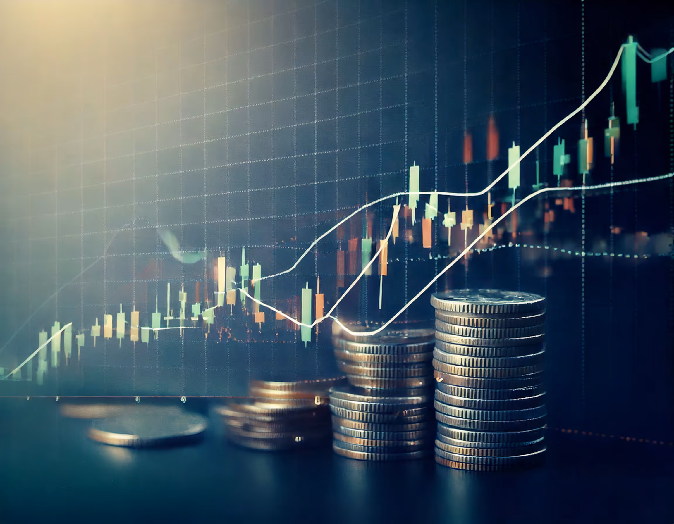 Coins and a trading chart with market trends and price movements.