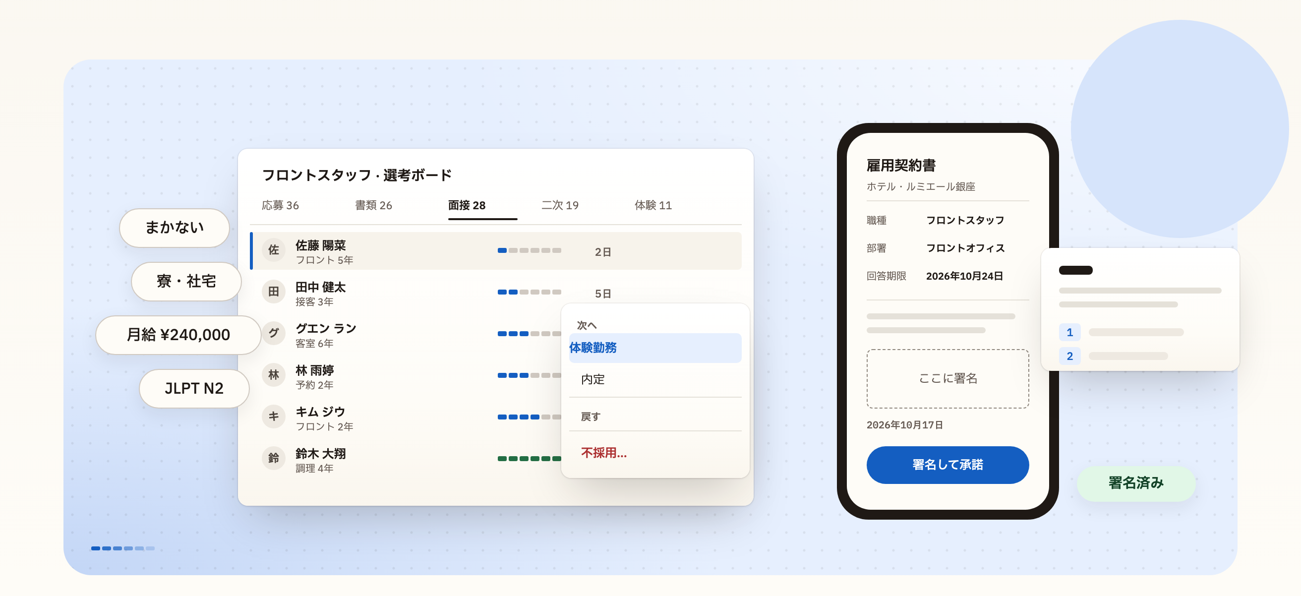 KankoHRの選考ボード。応募者ごとのステージと滞在日数が並び、移動メニューが開いている。