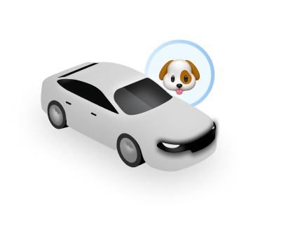 Voiture blanche stylisée avec une icône de visage de chien à côté.