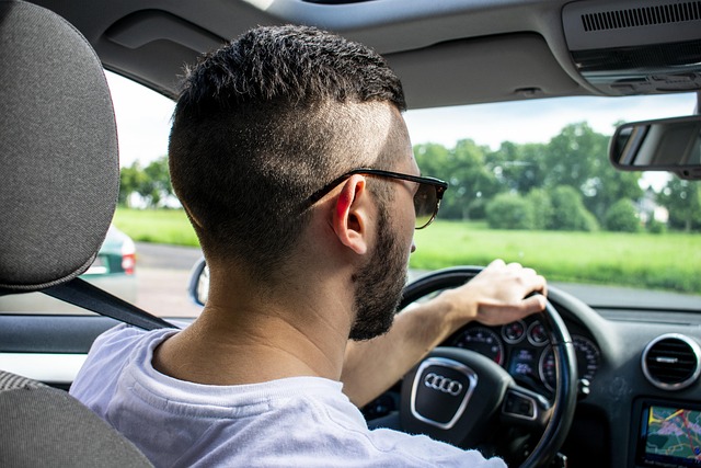 Homme portant des lunettes de soleil conduisant une voiture Audi sur une route avec paysage vert en arrière-plan.