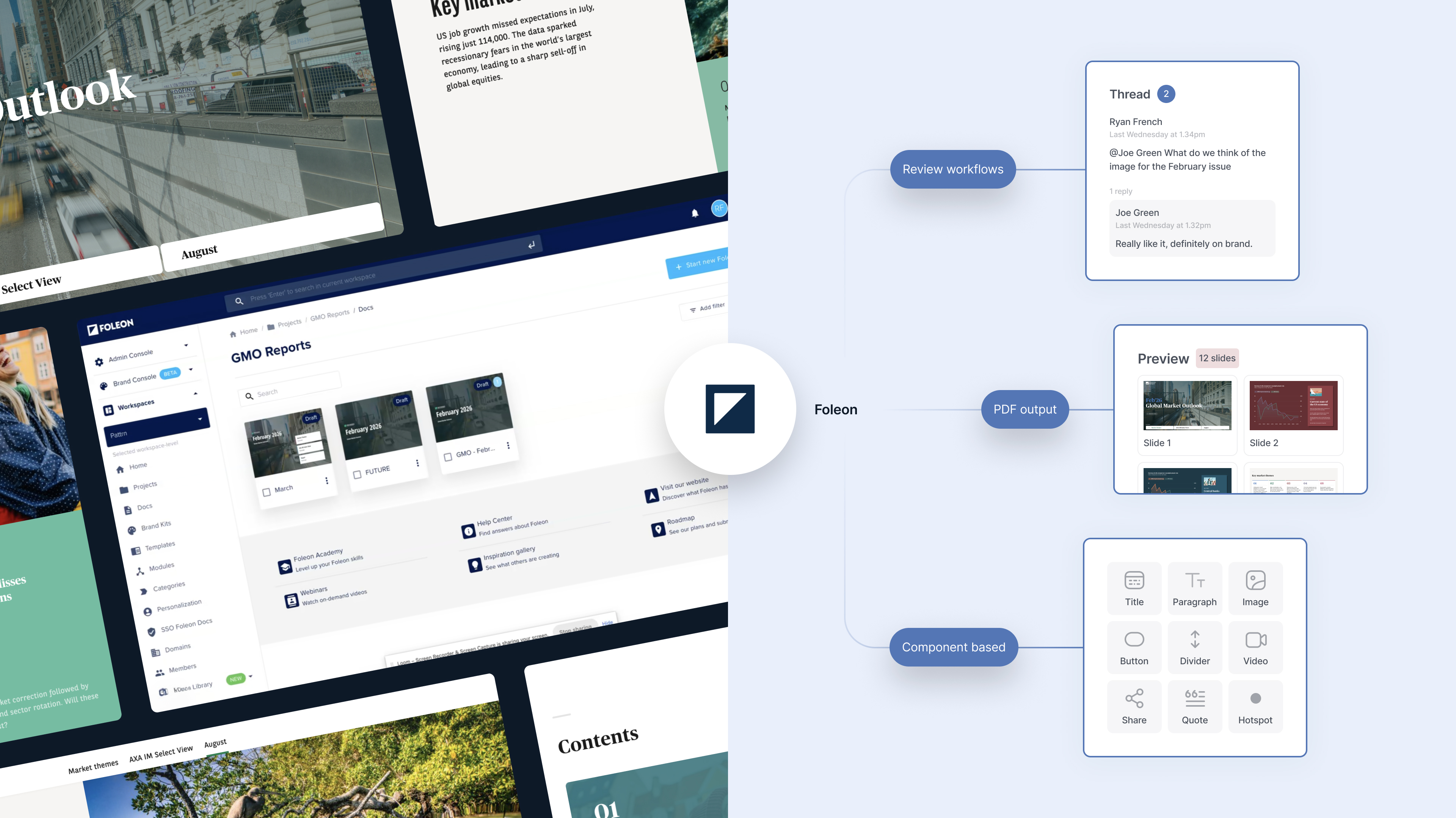 Foleon platform interface showing GMO Reports dashboard, workflow review, PDF output preview, and component-based editor options.