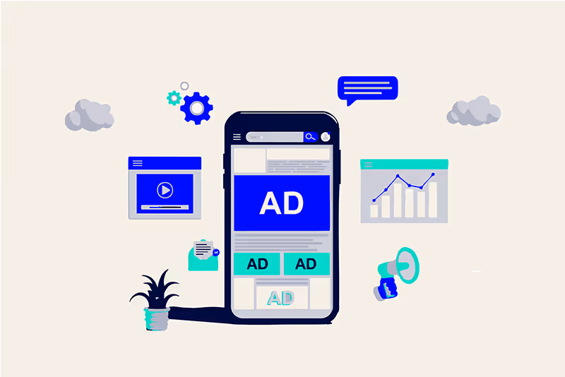 Illustratie van online advertising campagnes op smartphone met advertenties en data-analyse