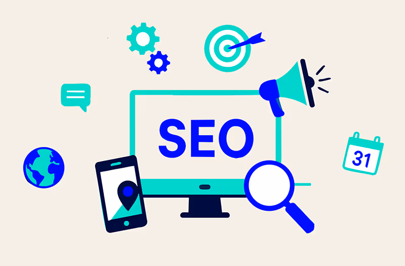 SEO illustratie met computer, zoekicoon, locatie en marketing elementen