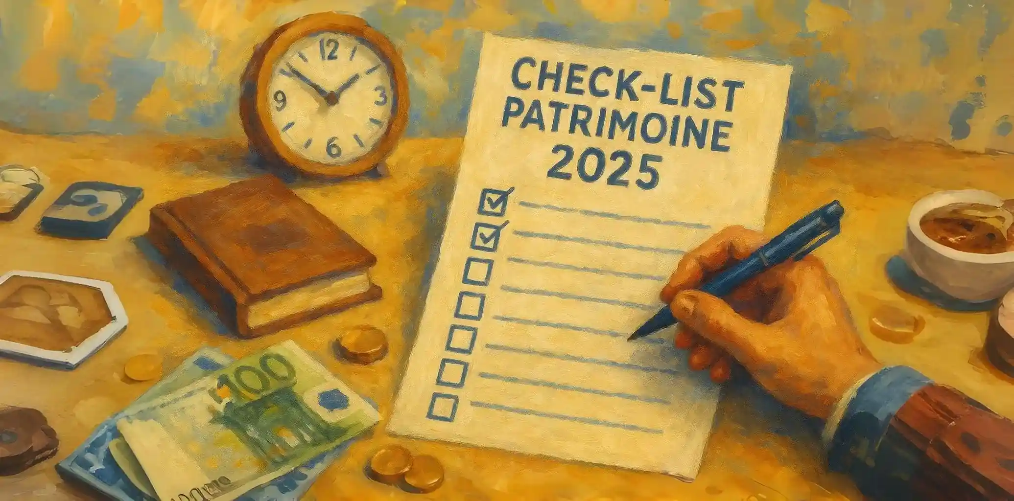 Check-list patrimoine 2025 avec horloge symbolisant la deadline du 31 décembre et planification financière