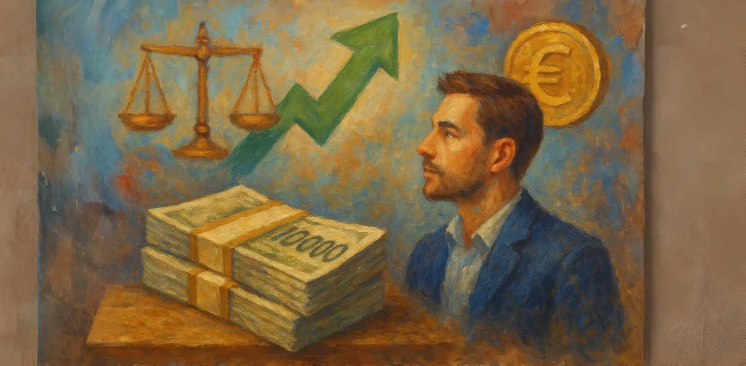 Homme analysant stratégies investissement 100000 euros avec graphique croissance et pièce euro