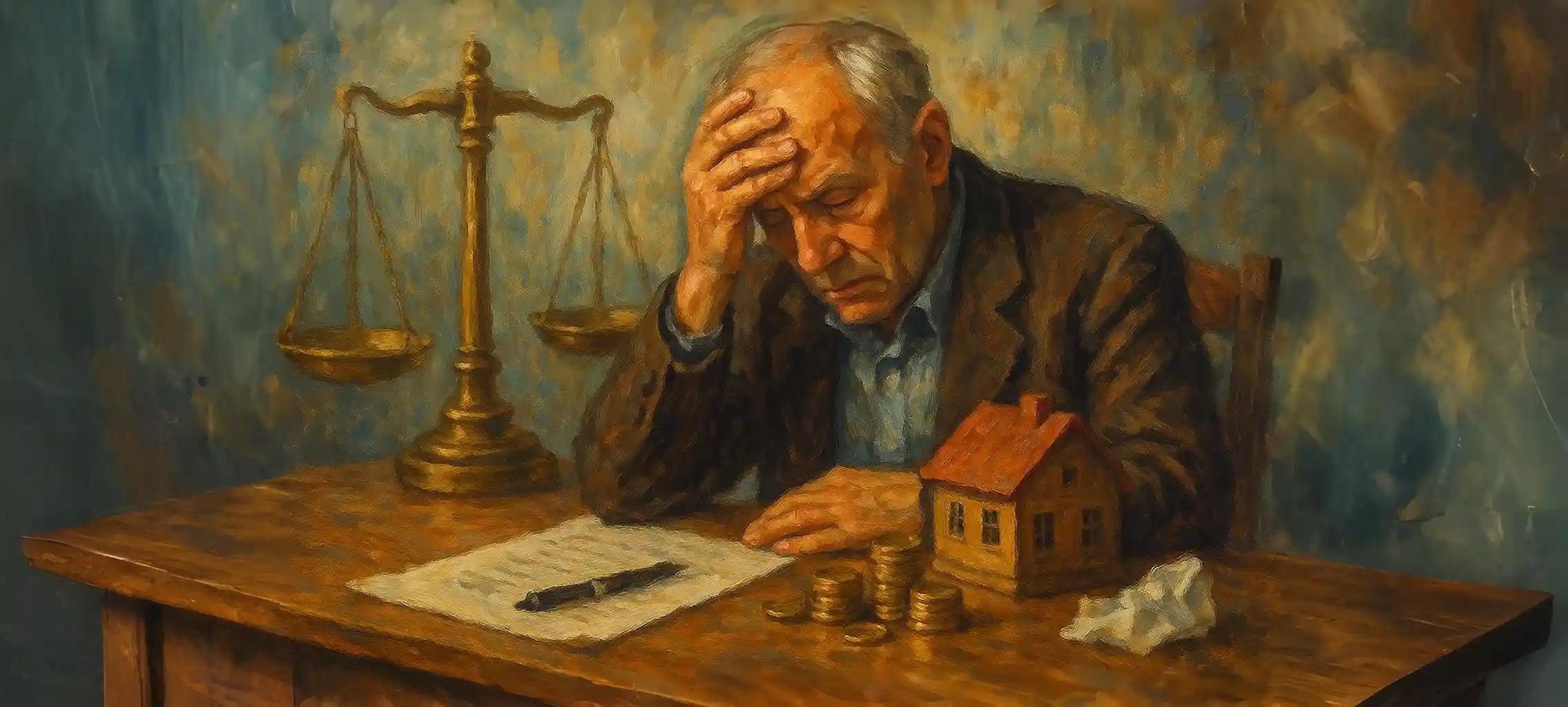 Senior stressé devant documents de succession avec balance de justice et maquette de maison