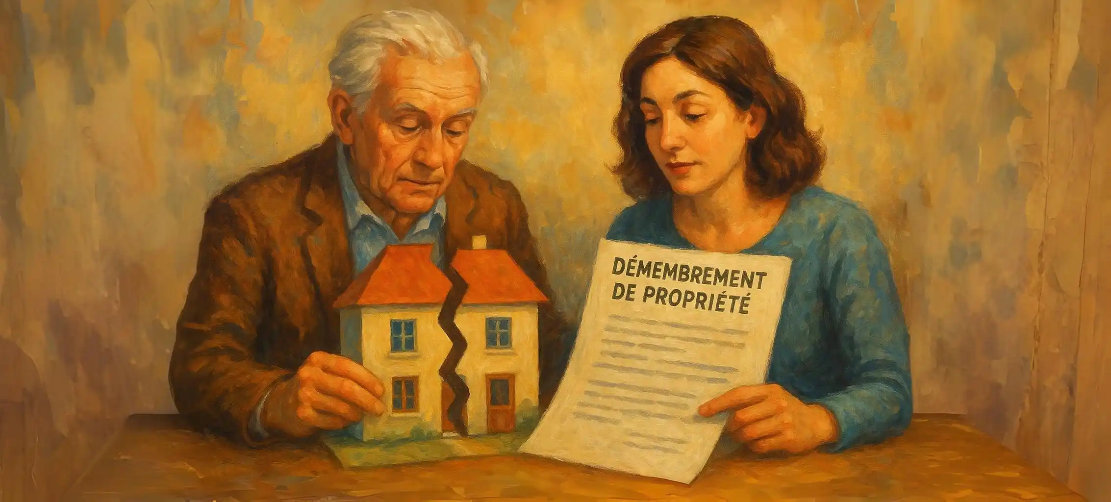 Conseiller expliquant le démembrement de propriété à un senior avec maison divisée et documents