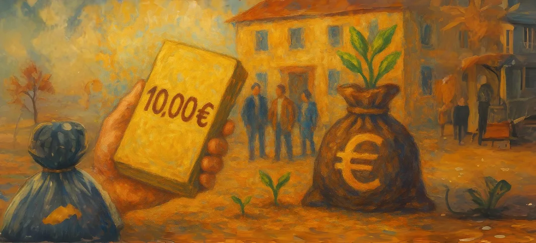 Investissement private equity symbolisé par bourse d'euros et smartphone affichant 10000 euros