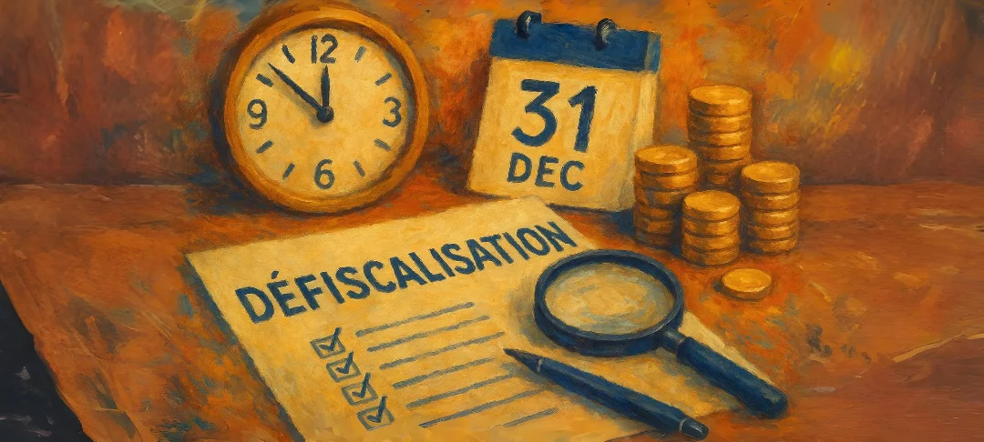 Horloge montrant minuit et calendrier 31 decembre avec document defiscalisation et pieces euros symbolisant urgence fiscale