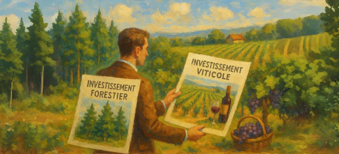 Investisseur comparant documents investissement forestier et viticole avec paysage vignobles et forets