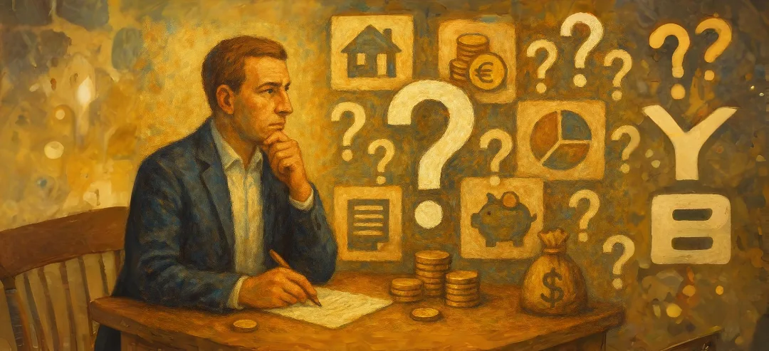 Homme réfléchissant aux questions essentielles d'un bilan patrimonial avec icônes financières
