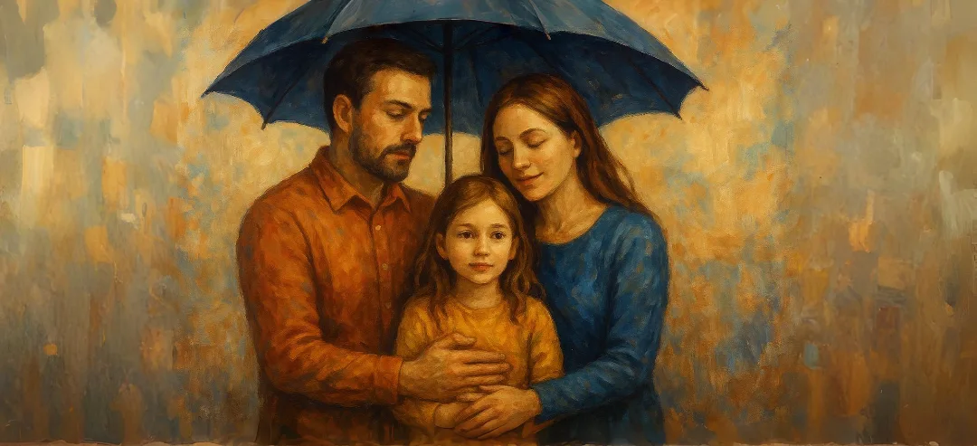 Famille protégée sous parapluie symbolisant la protection du conjoint et sécurité patrimoniale