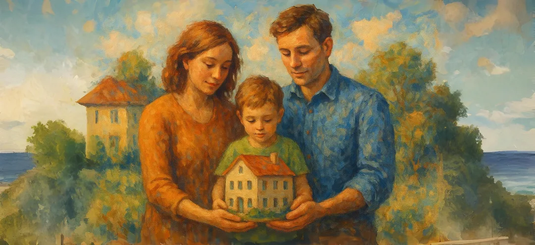 Famille tenant une maison miniature symbolisant la transmission patrimoniale via SCI familiale