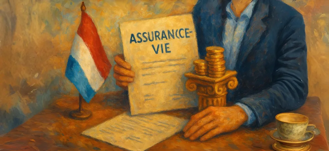 Illustration d'un contrat d'assurance-vie luxembourgeoise avec drapeau du Luxembourg et pièces d'or symbolisant la protection patrimoniale
