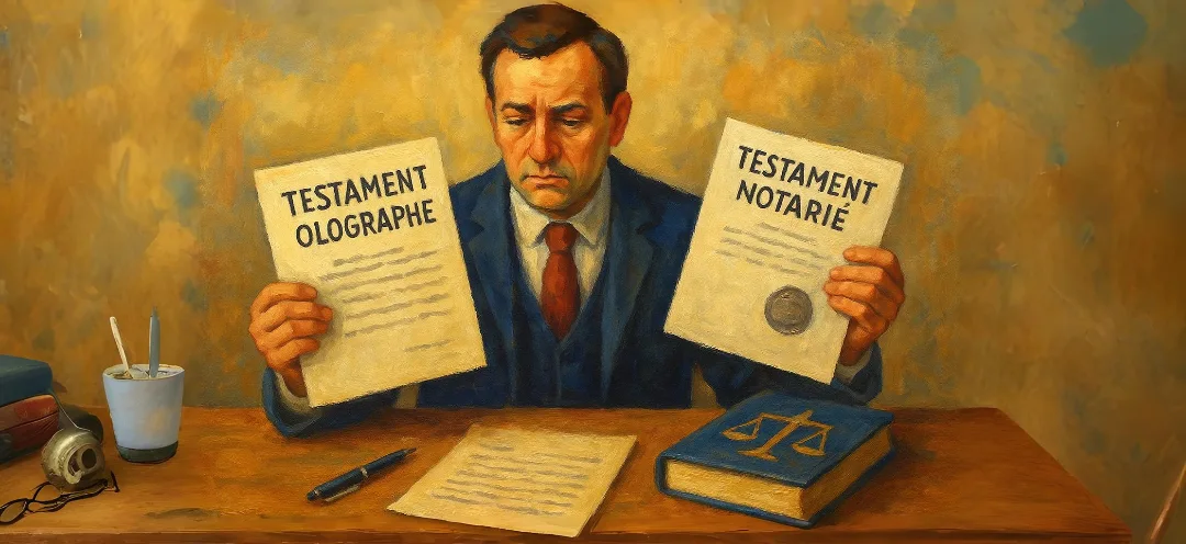 Homme comparant testament olographe et testament notarié avec code civil pour choisir type testament succession