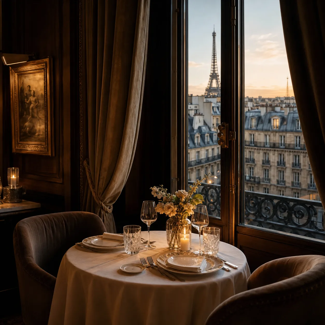 Table dressée dans un restaurant parisien, rideaux et vue sur la tour Eiffel