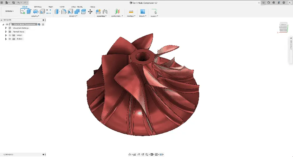 Red 3D turbo impeller or compressor wheel with curved blades