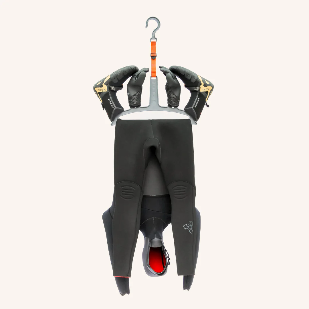 Image of wetsuit hanger with wetsuit, gloves and boots.
