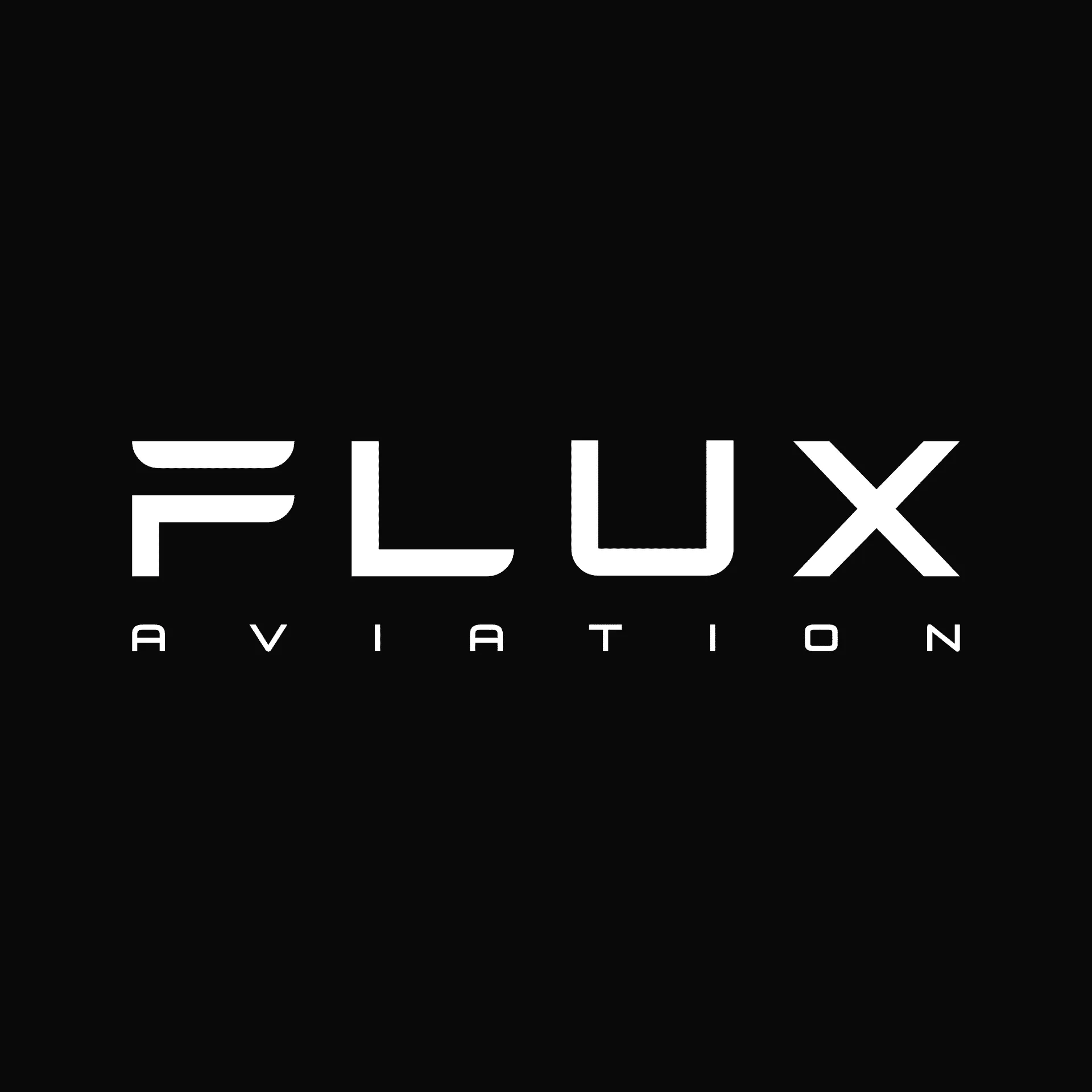 A black and white logo with the word flux aviation