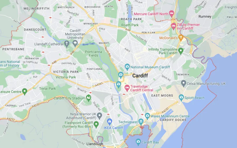 A map of cardiff showing the location of the city