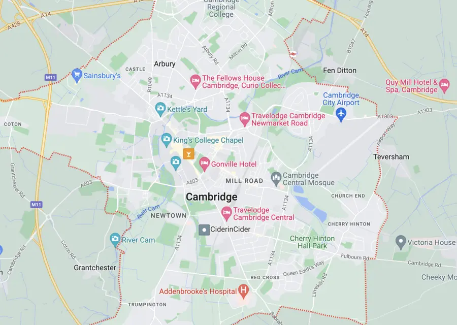 A map of cambridge showing the location of the campus