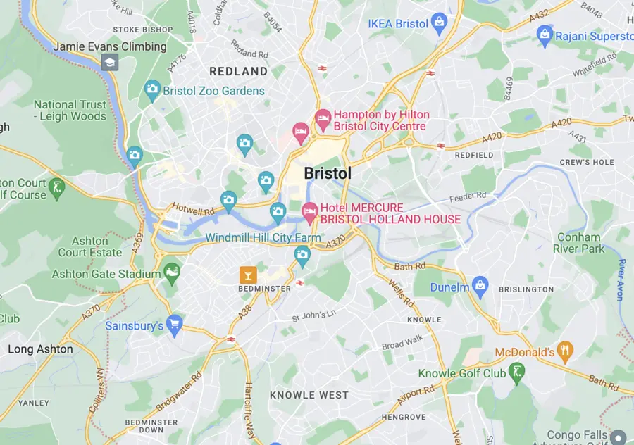 A map of bristol showing the location of the hospital