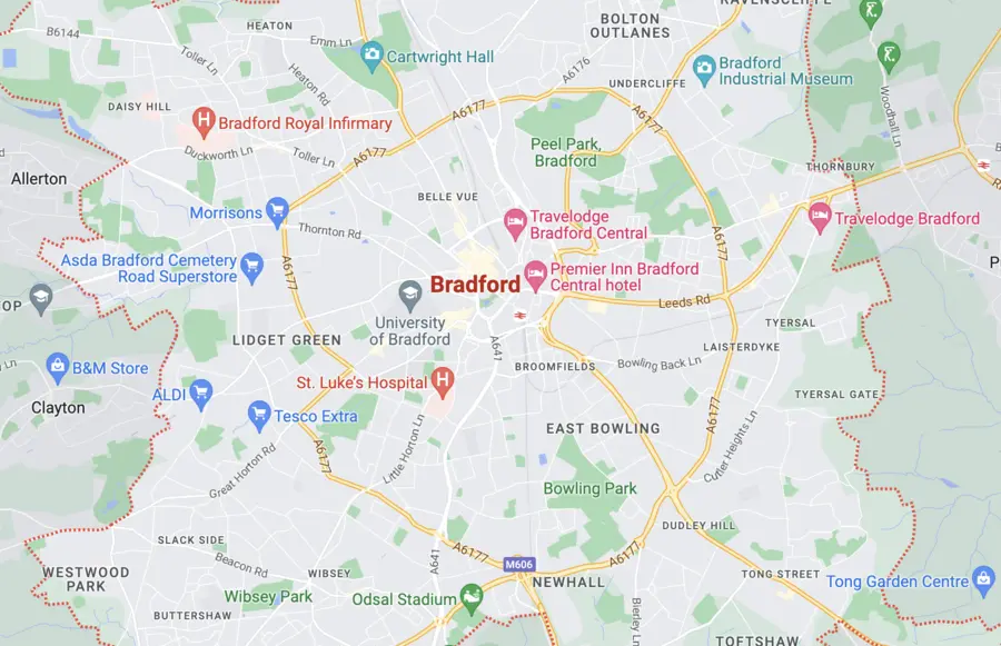 A map of bradford showing the location of the hospital
