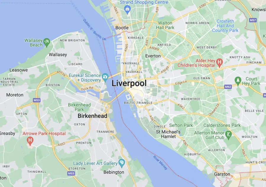 A map of liverpool showing the location of the city