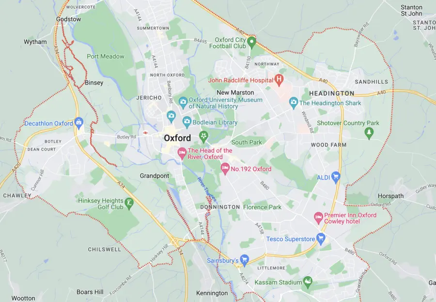 A map of oxford showing the location of the university