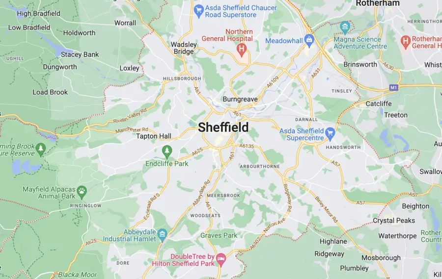 A map of sheffield showing the location of the area