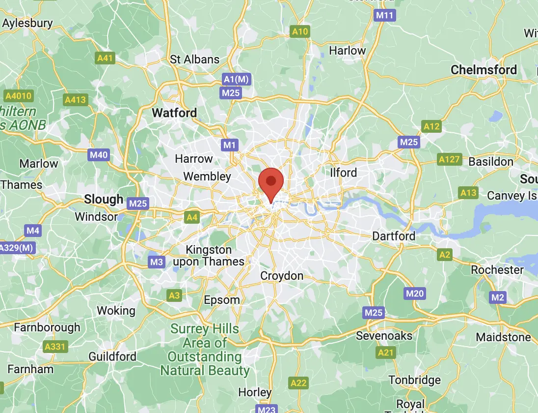 A map with a red marker in the middle of it