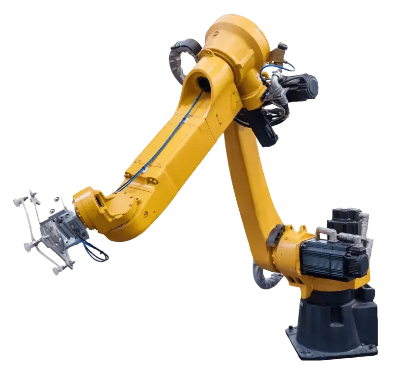 Yellow industrial robotic arm with articulated joints on white background