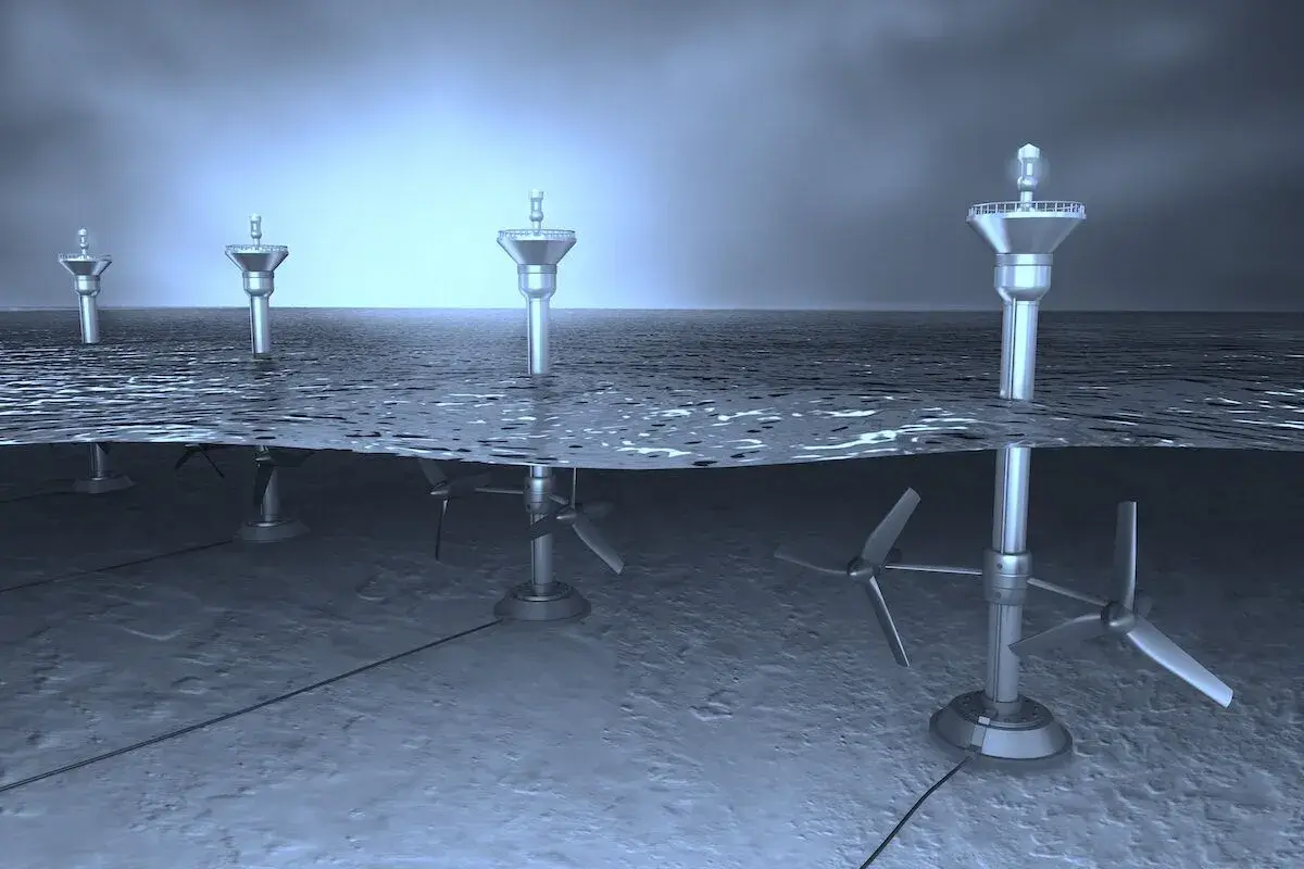 Underwater tidal turbines generating renewable energy in ocean