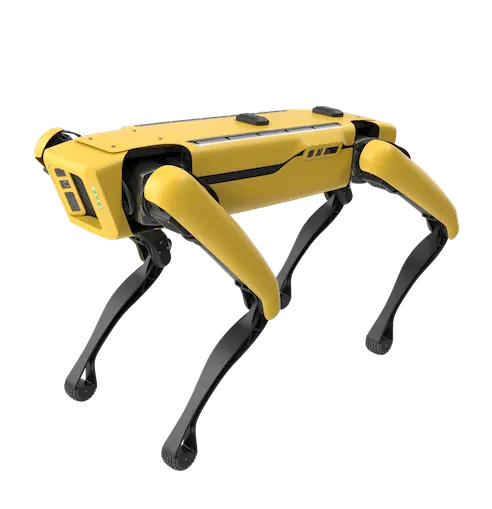 Yellow robotic quadruped dog-like robot with articulated legs