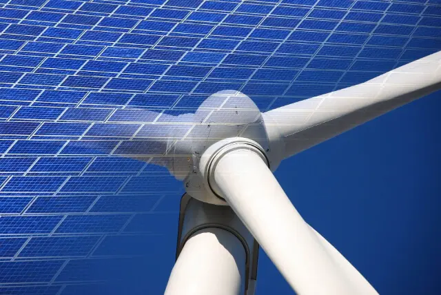 A close-up of a wind turbine.