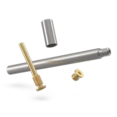 A metal object with a gold handle on a white background
