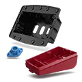 A red plastic container and a blue plastic container